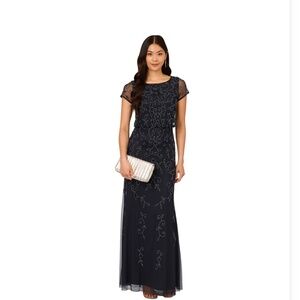 Adrianna Papell Petite Boat-Neck Short-Sleeve Beaded Blouson Gown